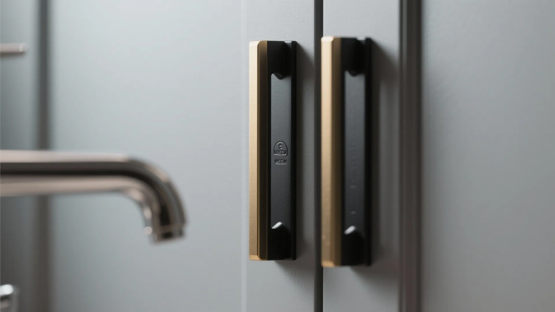 Macro of matte black hardware on grey cabinet with brass and brushed nickel accents