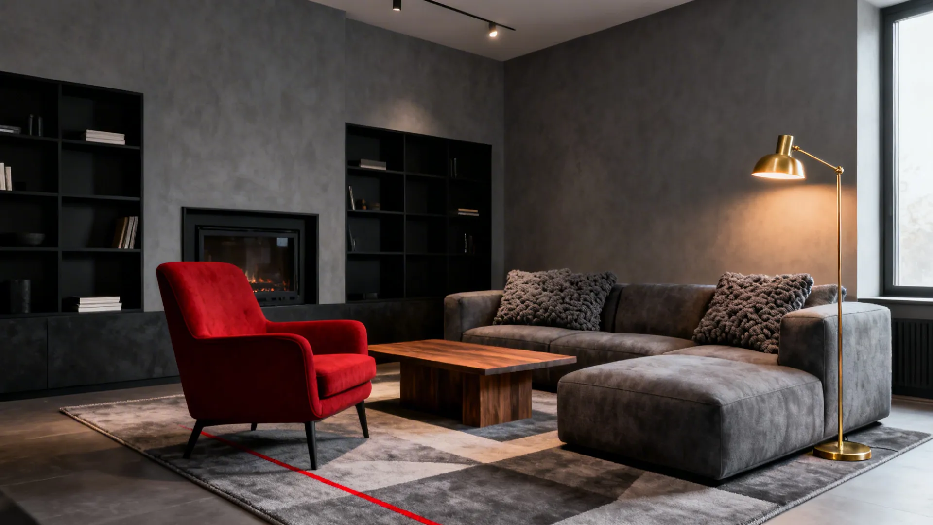 Modern living room featuring a red armchair grey sofa wooden coffee table and gold lamp