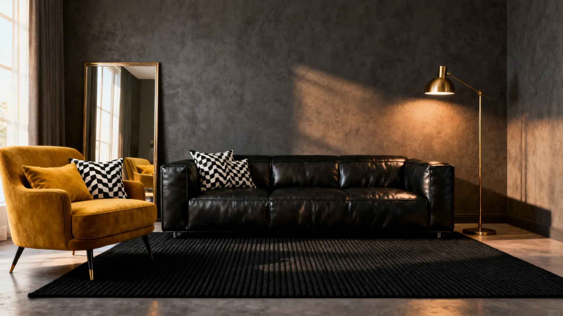 Modern living room featuring black leather sofa and yellow chair with a gold floor light fixture