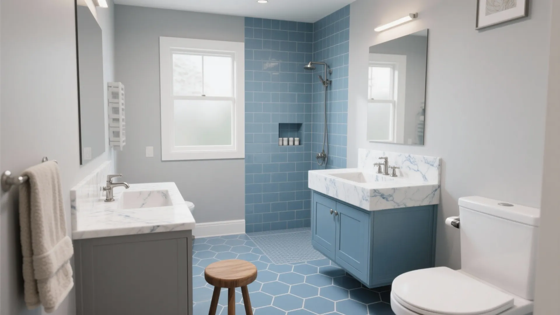 Spacious bathroom featuring blue wall tiles hexagonal floor tiles white toilet and marble vanity cabinets