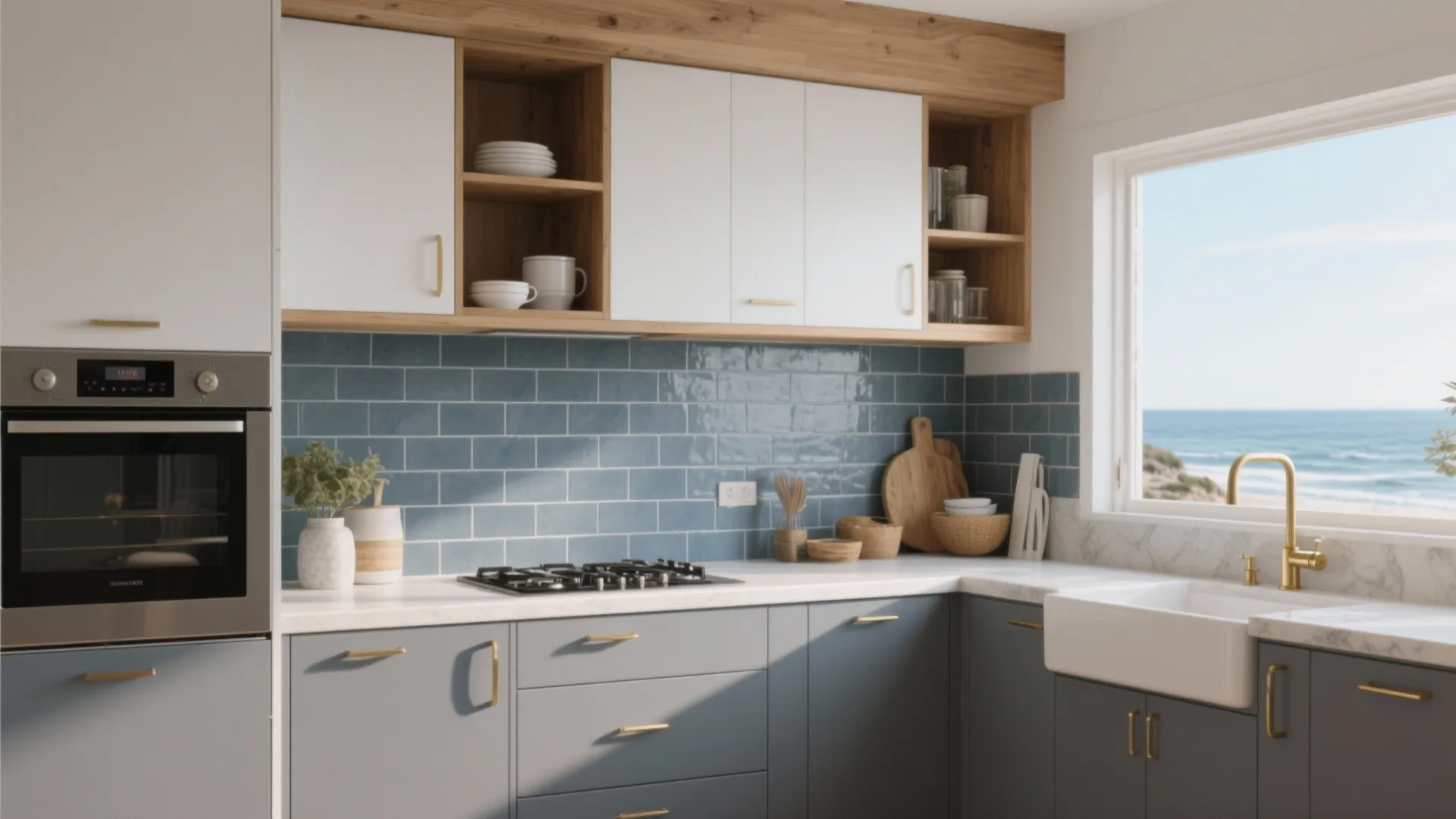 Kitchen with slate-blue splashback, grey cabinets, white uppers and warm wood accents for a calm vibe