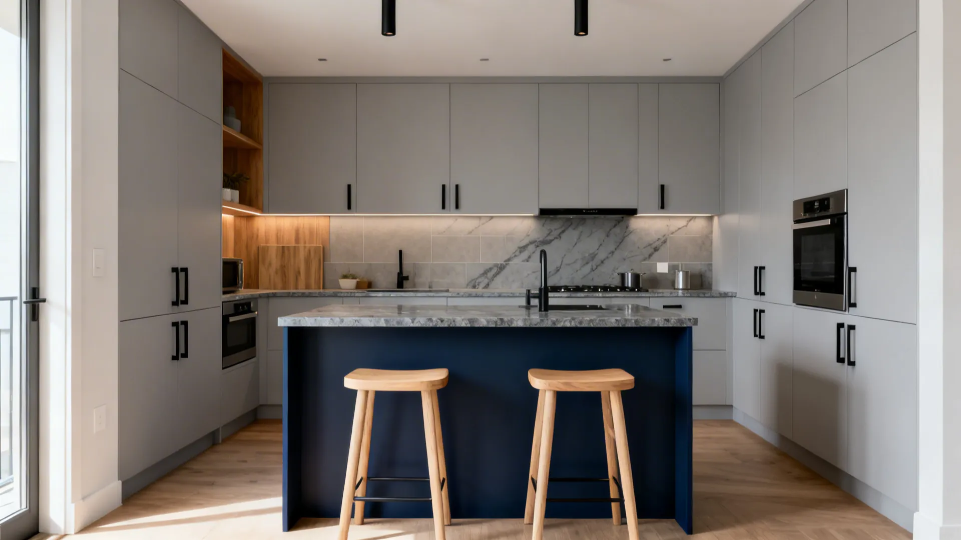 Compact kitchen with soft grey cabinets and a deep navy island as a focal point.