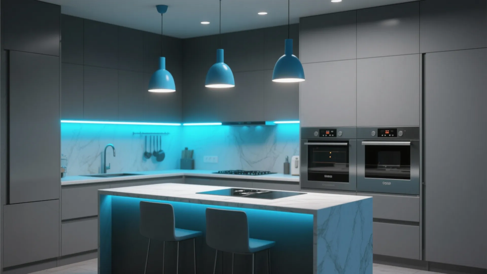 Modern dark kitchen with blue led strip lights marble island three blue ceiling light fixtures
