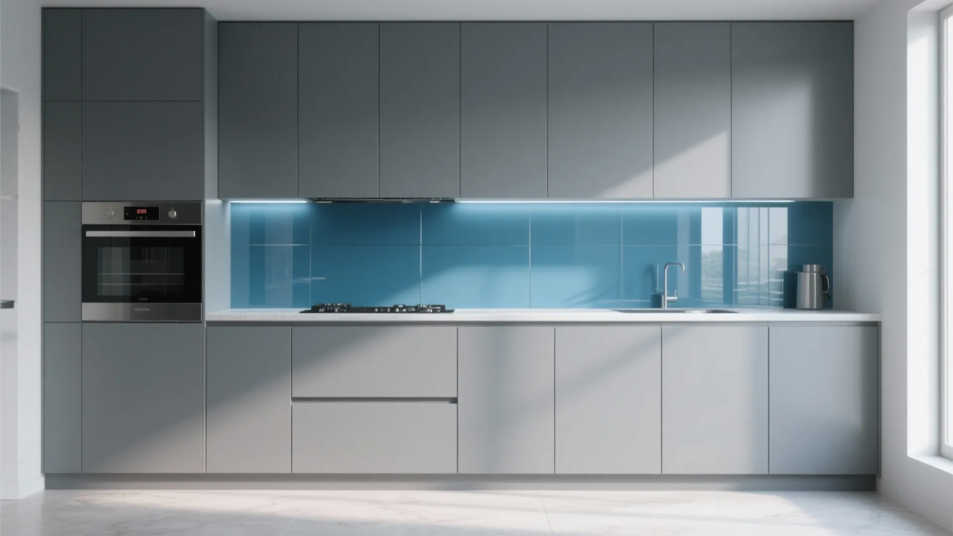 Modern grey kitchen cabinets with blue tile wall oven stove sink and white marble floor