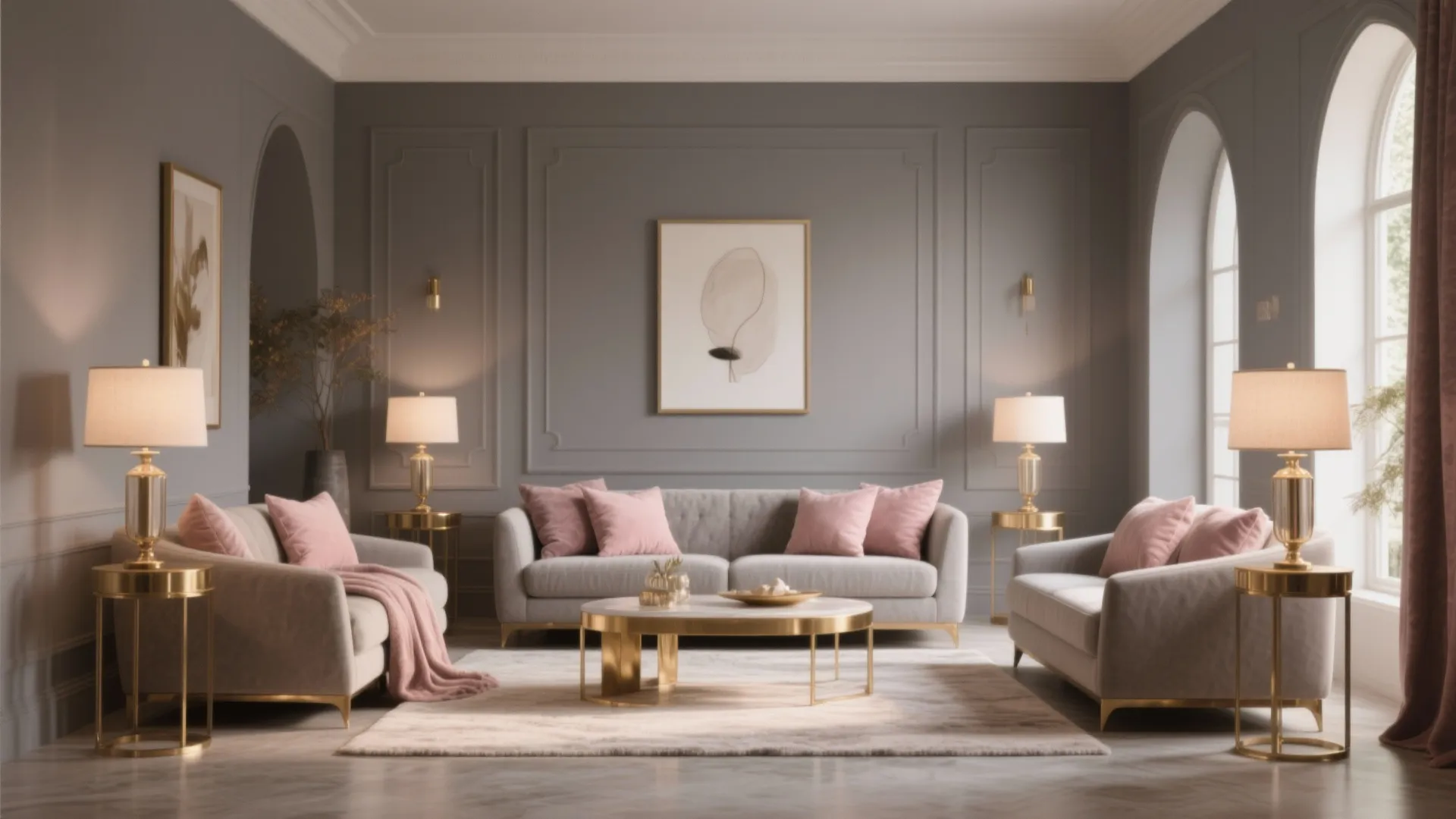 Elegant grey living room featuring pink pillows brass light fixtures wall panels and arched windows decor