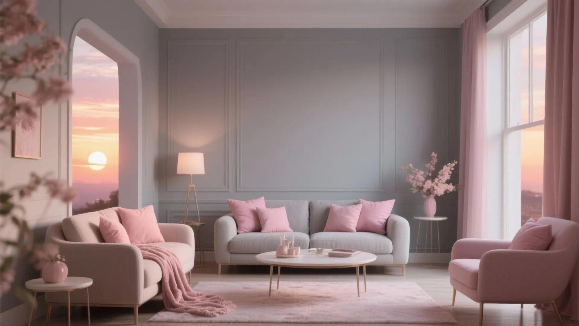 Soft grey living room with blush pink accents