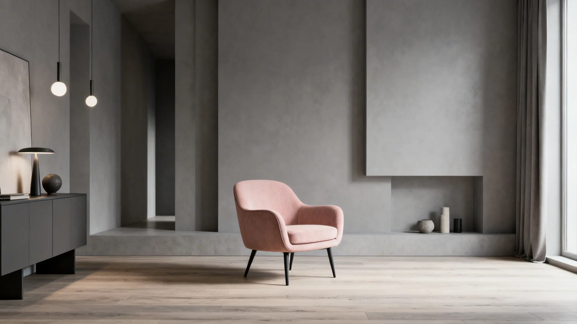 Minimalist grey bedroom with a blush statement armchair and light wood floor