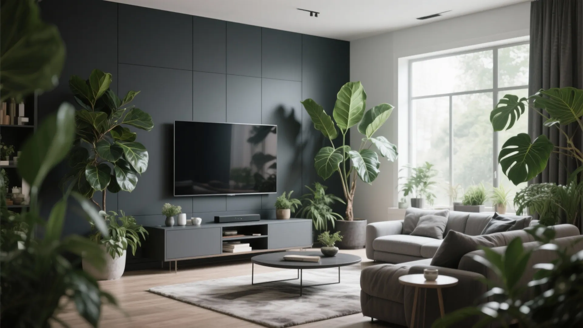 Grey living room with large green indoor plants