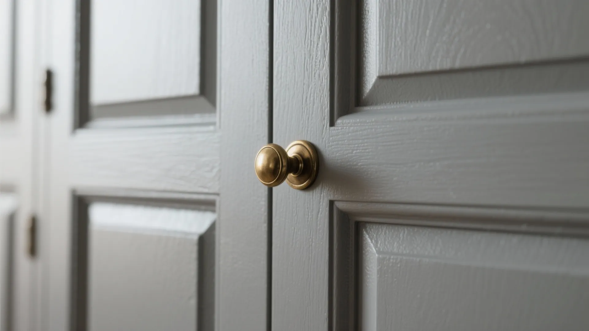 Close up of a round gold handle on grey wooden cabinet doors in a kitchen