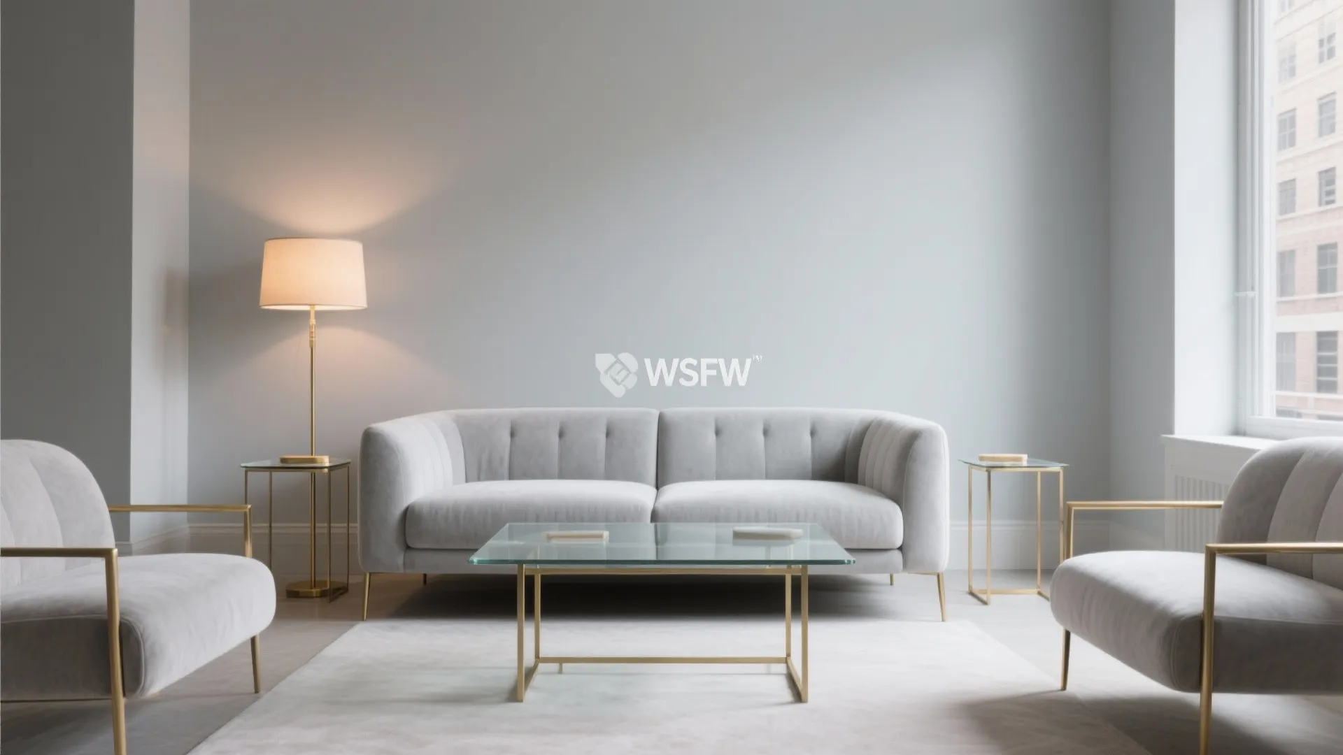 Modern living room with grey sofa glass coffee table floor lamp and two grey chairs