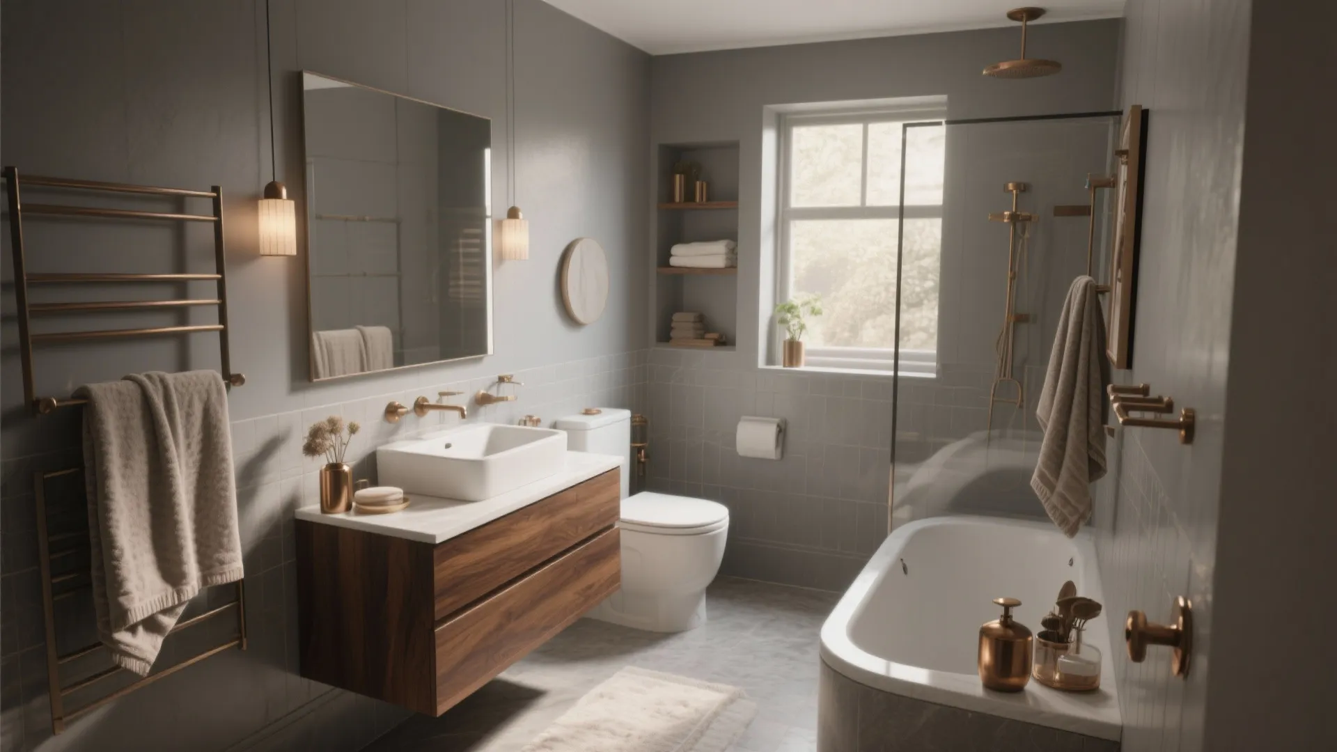 Grey bathroom design with wood cabinet white sink bathtub gold light fixtures and towel rack