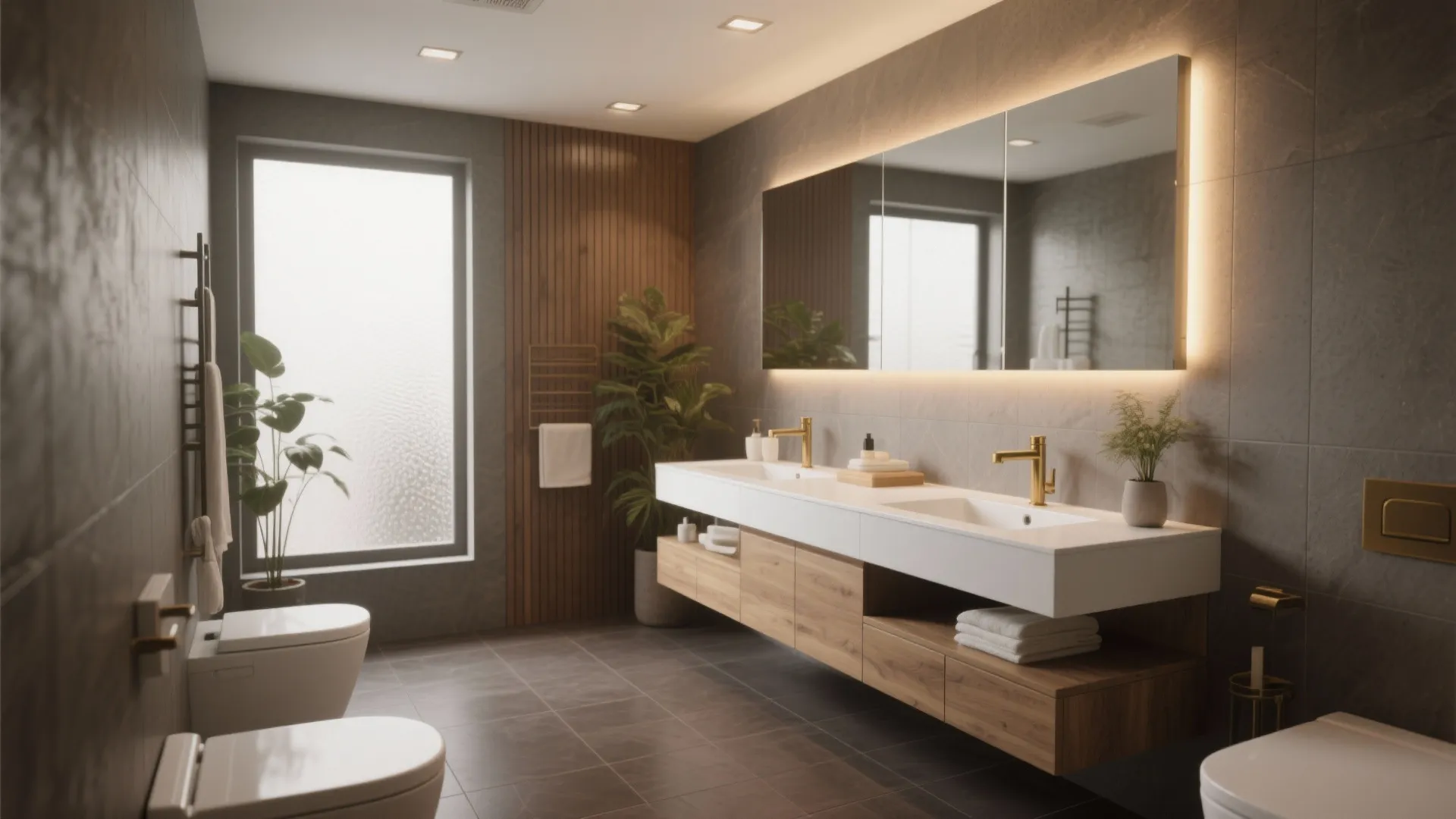 Modern bathroom with double sink vanity large lighted mirror grey wall tiles and warm wood accents