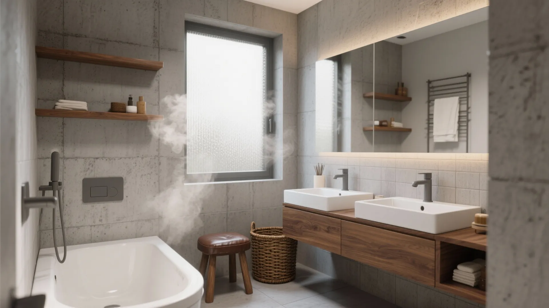 Contemporary bathroom with grey concrete walls wooden cabinet double sinks white bathtub and natural light