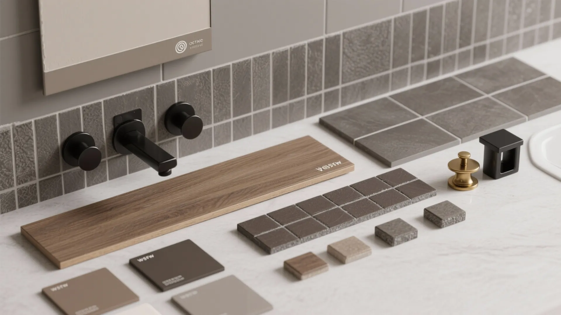 Collection of bathroom design materials including wood board grey tiles black faucet and small color samples