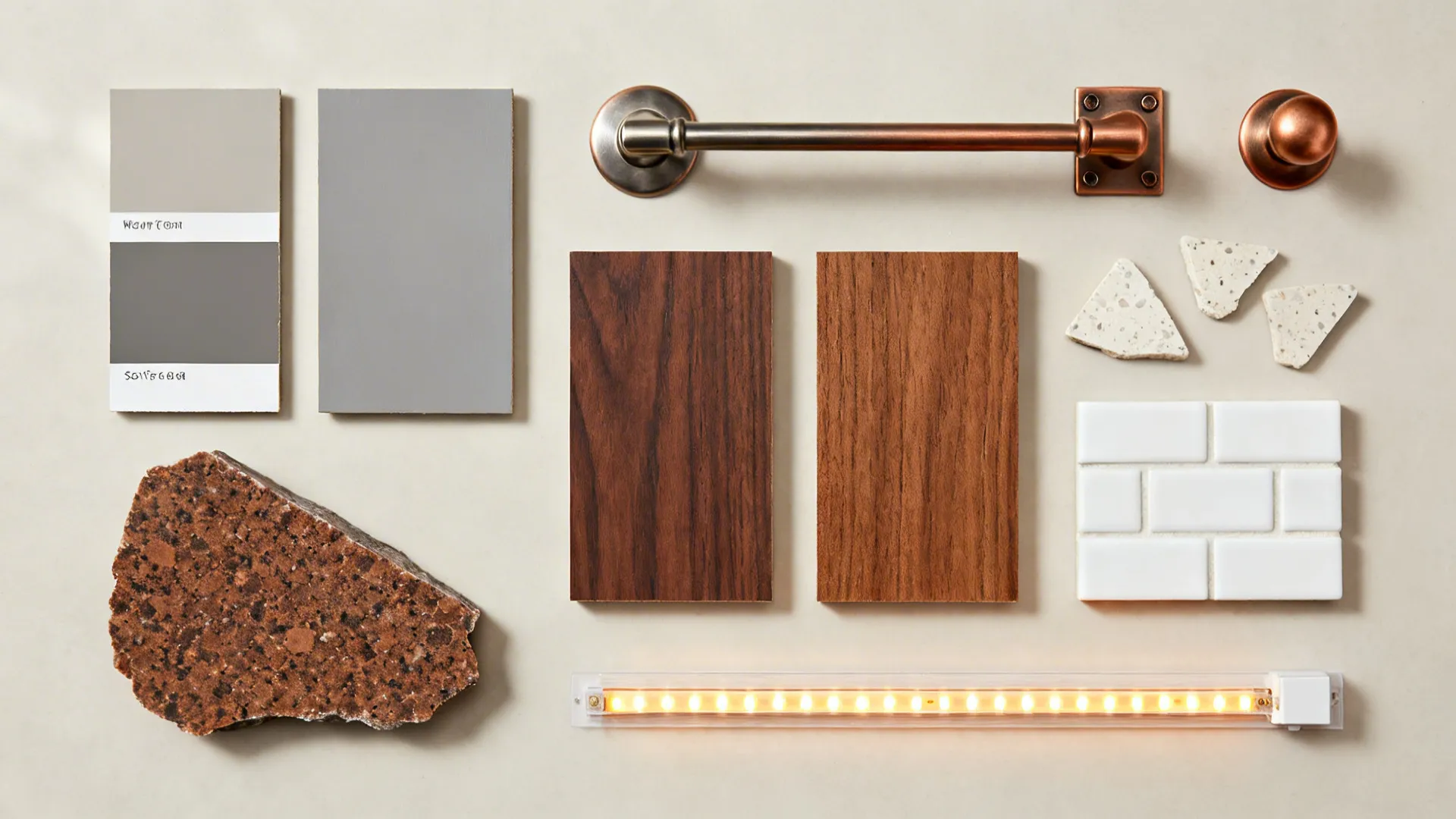 Palette flatlay with warm grey paint swatches, wood, brown quartz, and mixed hardware.