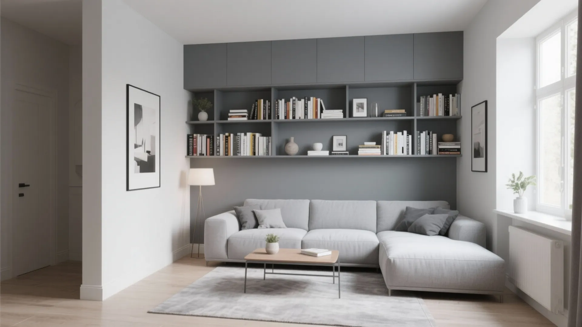6. Grey with Built-in Shelving