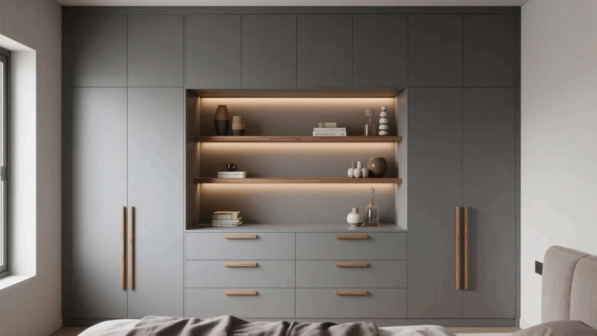 Large grey wall cabinet with wooden handles open shelves featuring warm lights and minimalist decorative items