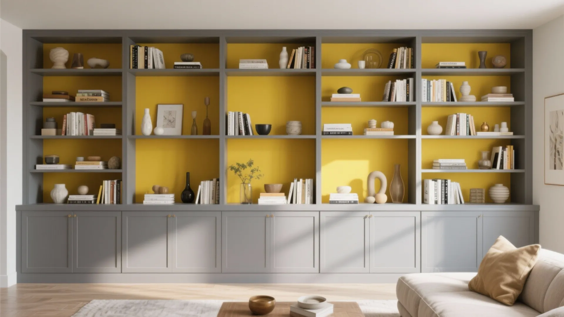 10. Grey Built-ins with Yellow Back Panels