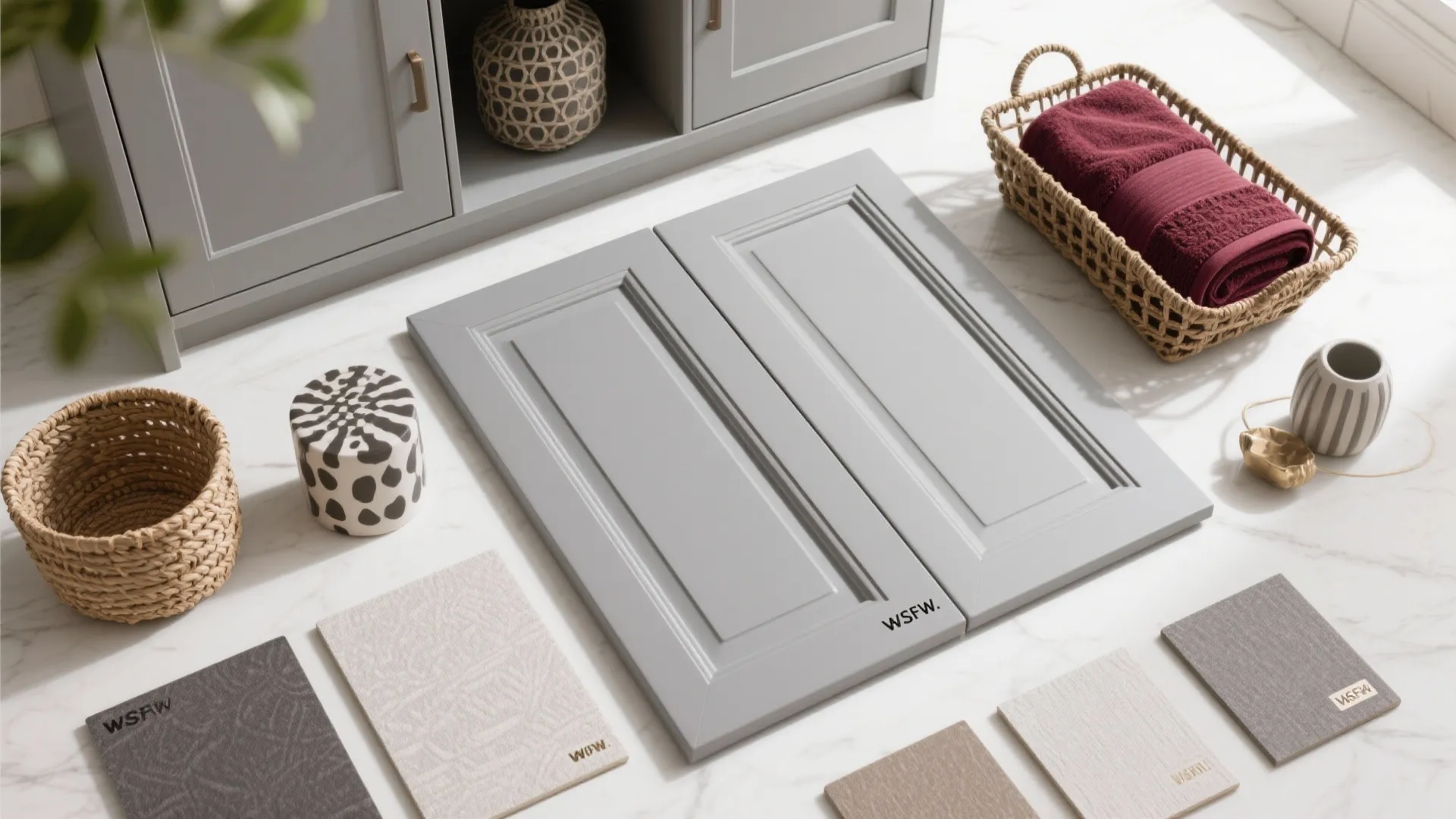 Grey cabinet door samples on white floor with woven baskets burgundy towels and material boards