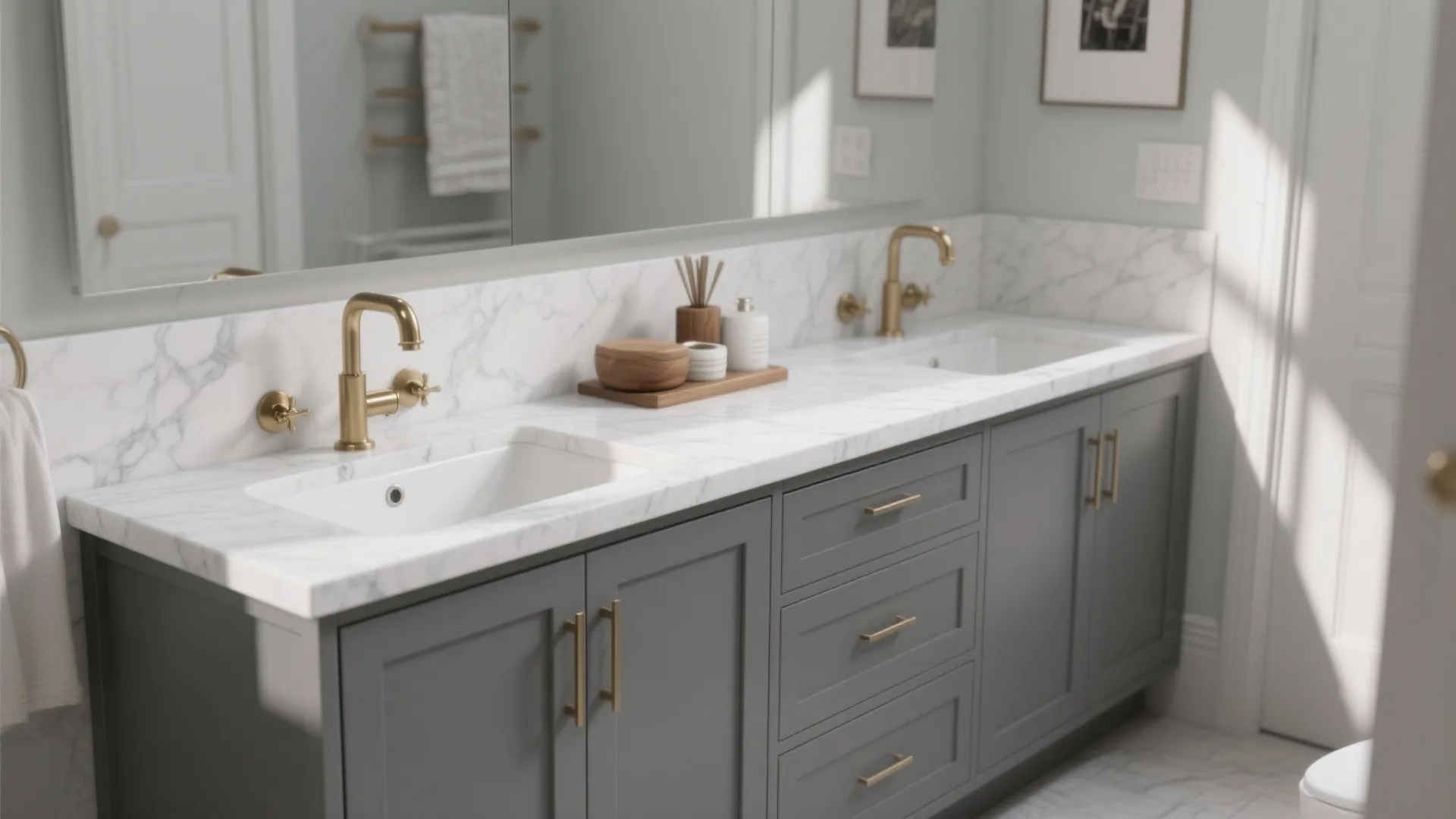5. Grey cabinetry with white quartz countertop