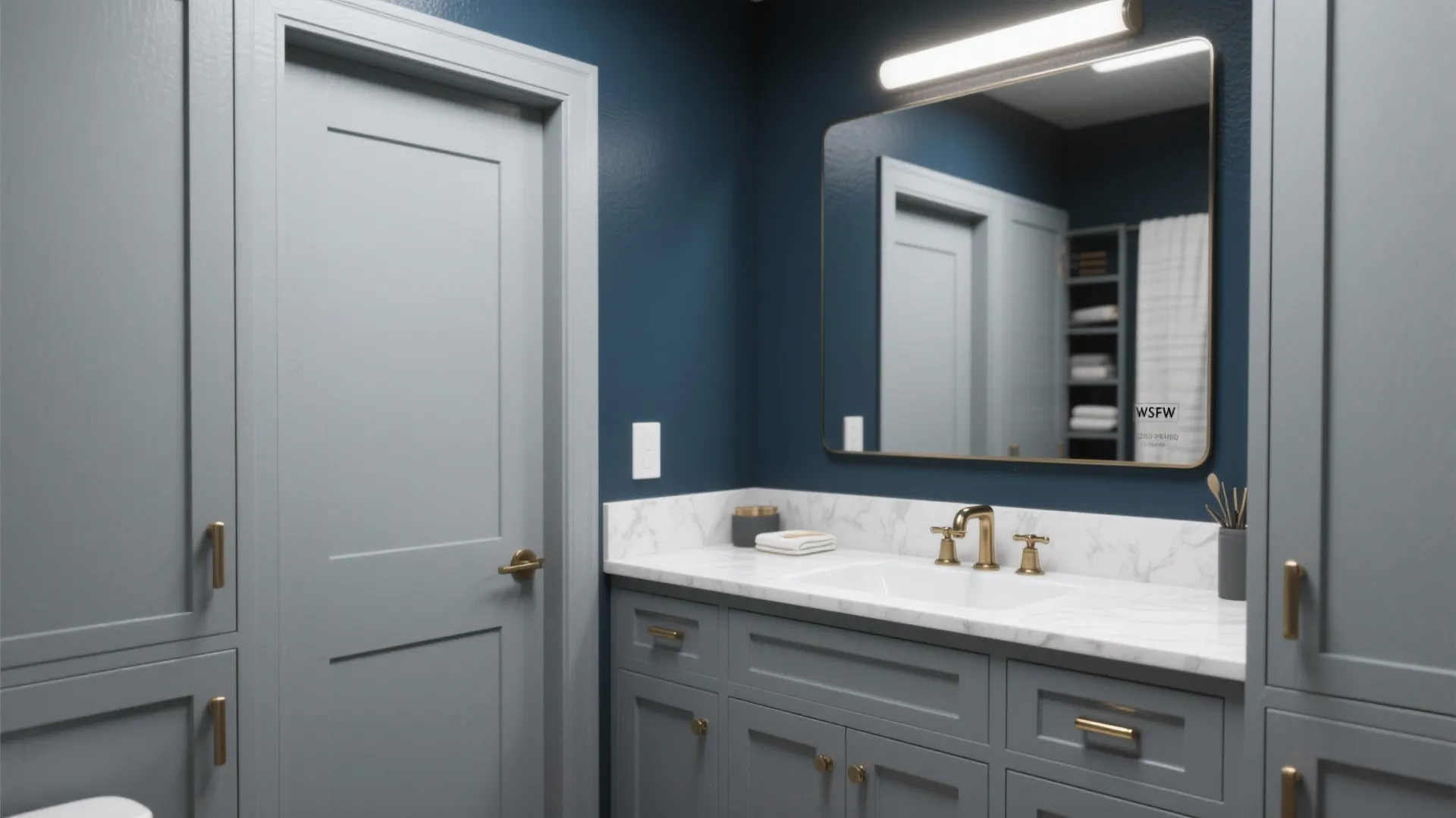 Monochrome grey cabinets with a navy vanity wall and brass hardware