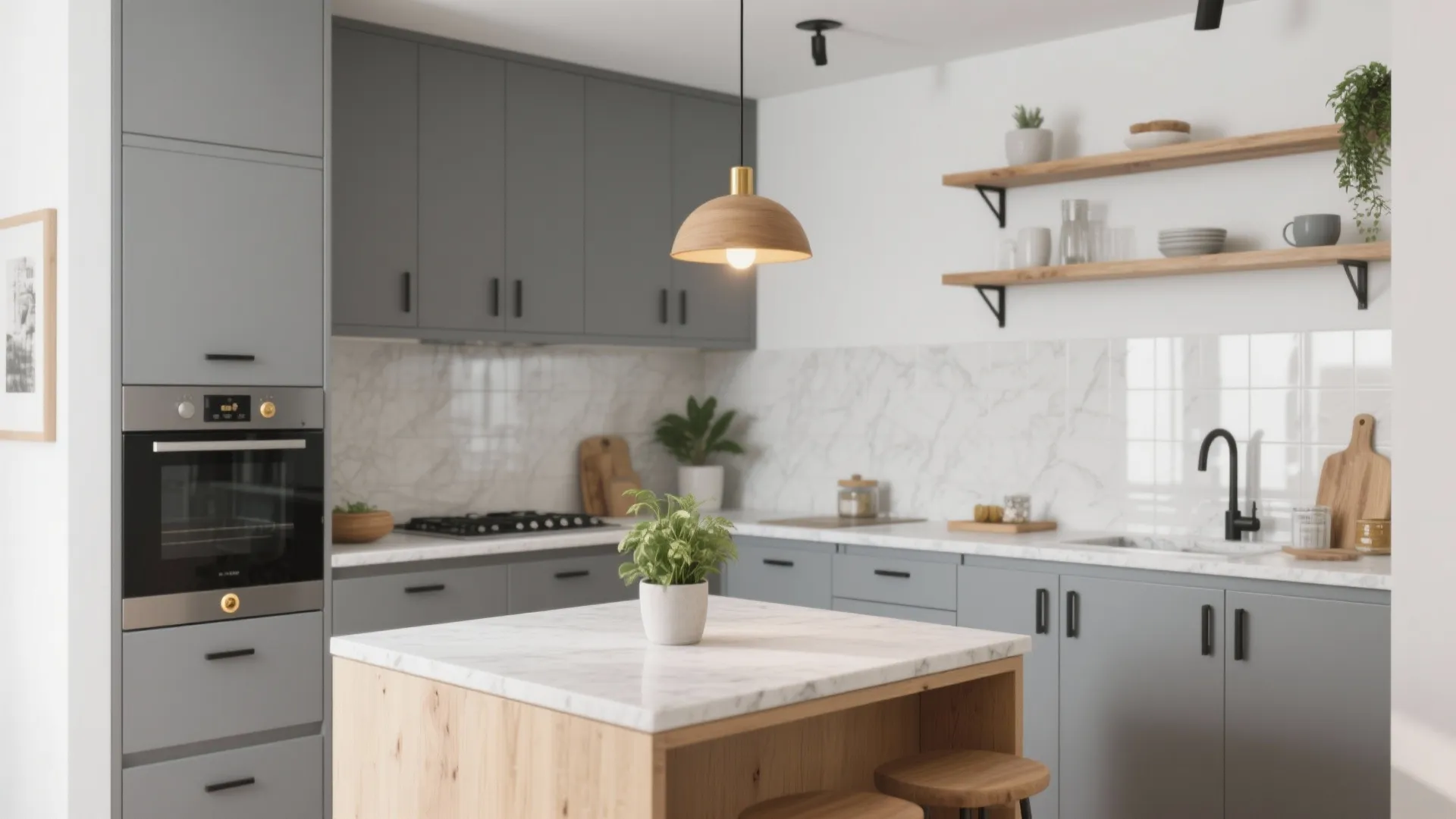 Bright kitchen with grey cabinets wooden island marble top floating shelves and warm ceiling light