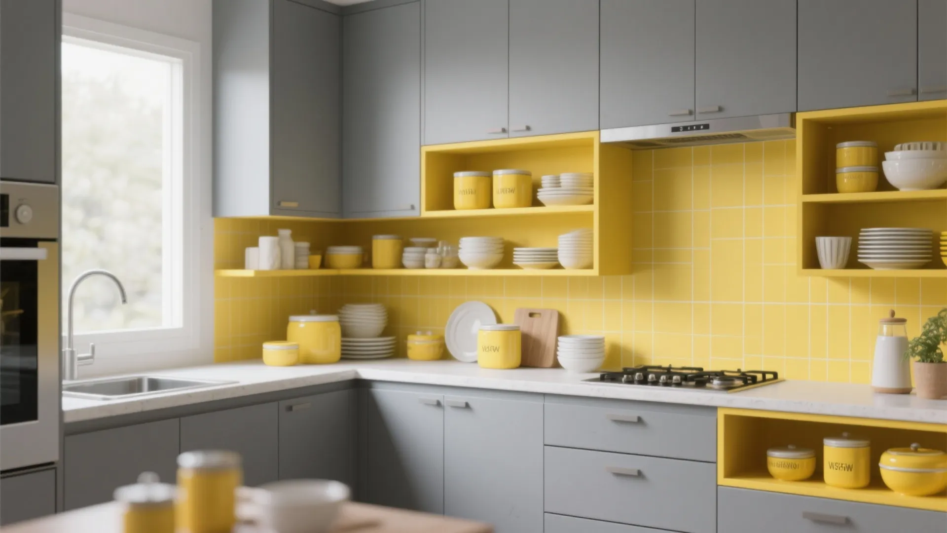 Modern kitchen with grey cabinets yellow wall tiles and open shelves filled with many white dishes