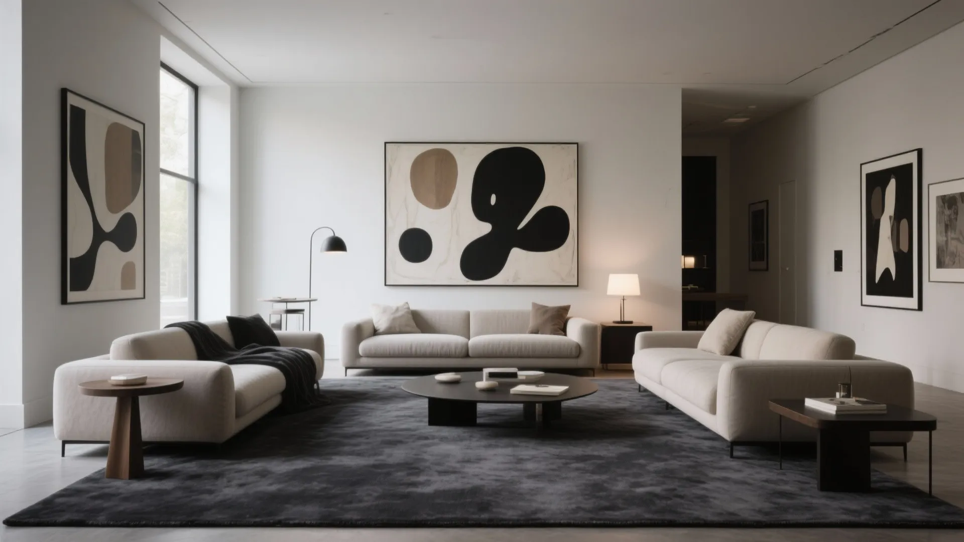 Large minimalist living room with white sofas dark grey rug black table and abstract art
