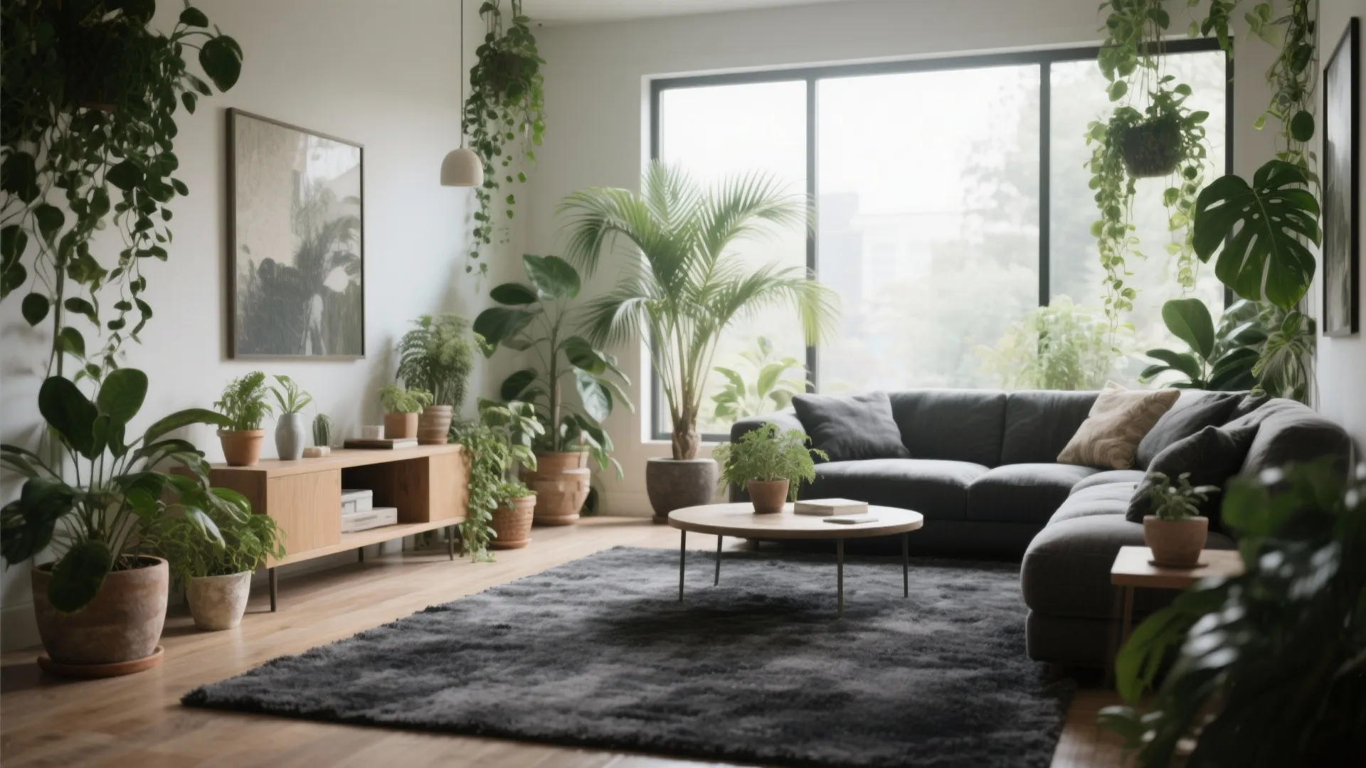 Modern living room filled with green plants dark grey sofa wooden cabinet and large window