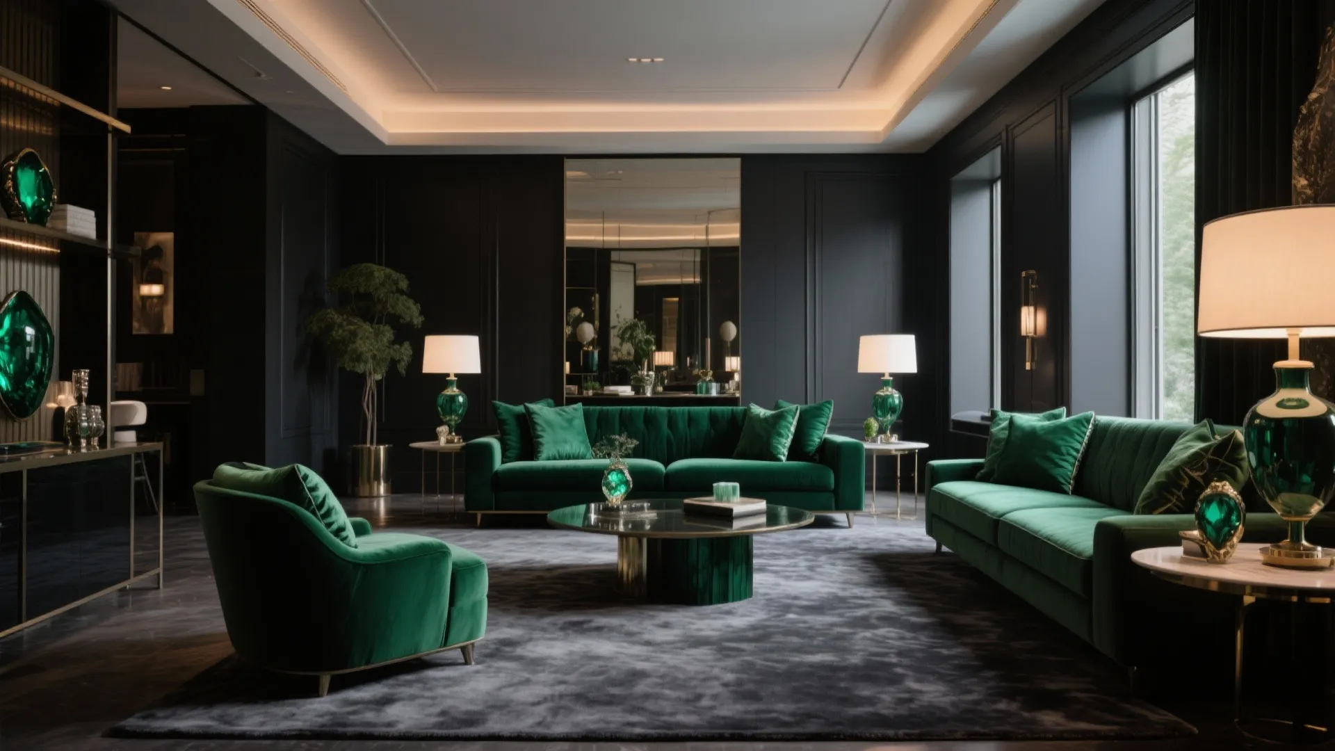 Luxury living room with black walls green velvet sofas dark grey carpet and gold lamps
