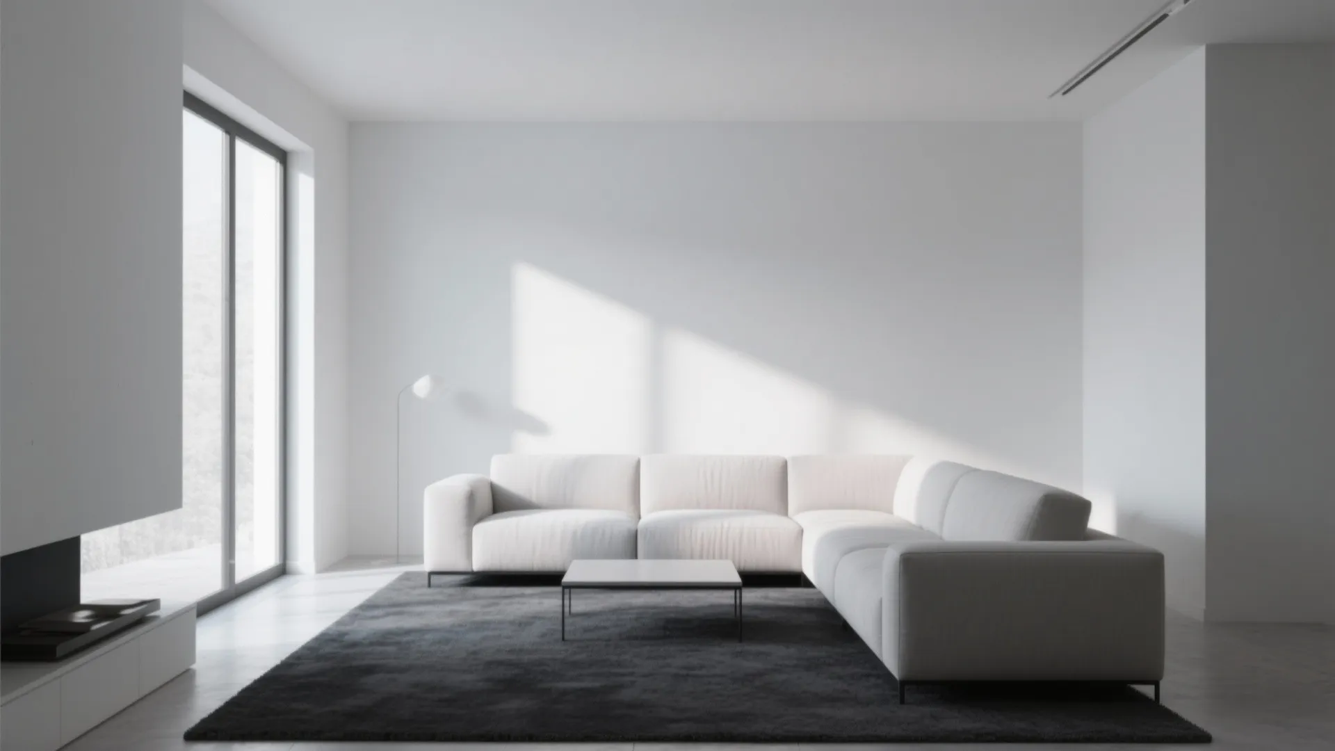 Minimalist living room with white sofa, dark grey rug, coffee table, and large glass window