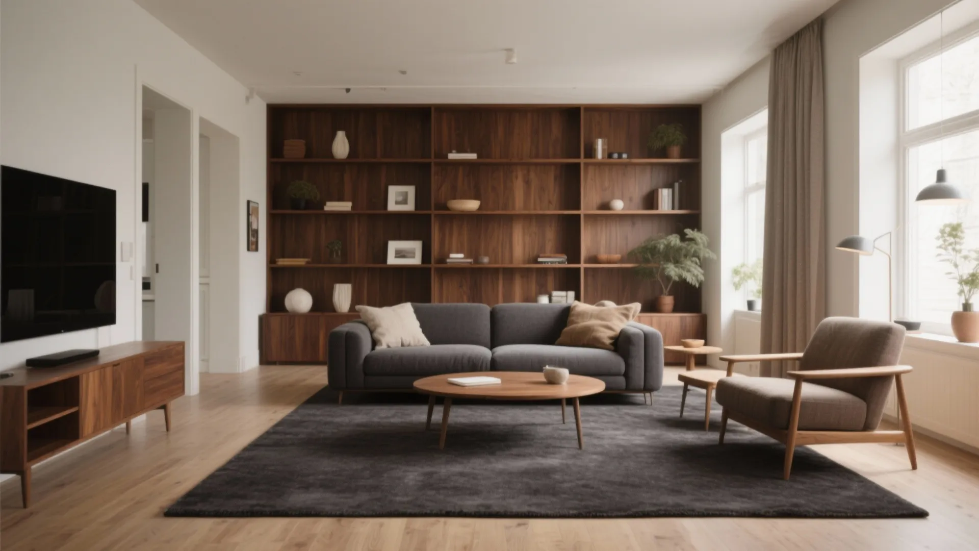 Modern living room with dark grey sofa large wooden bookshelf round coffee table and floor lamp