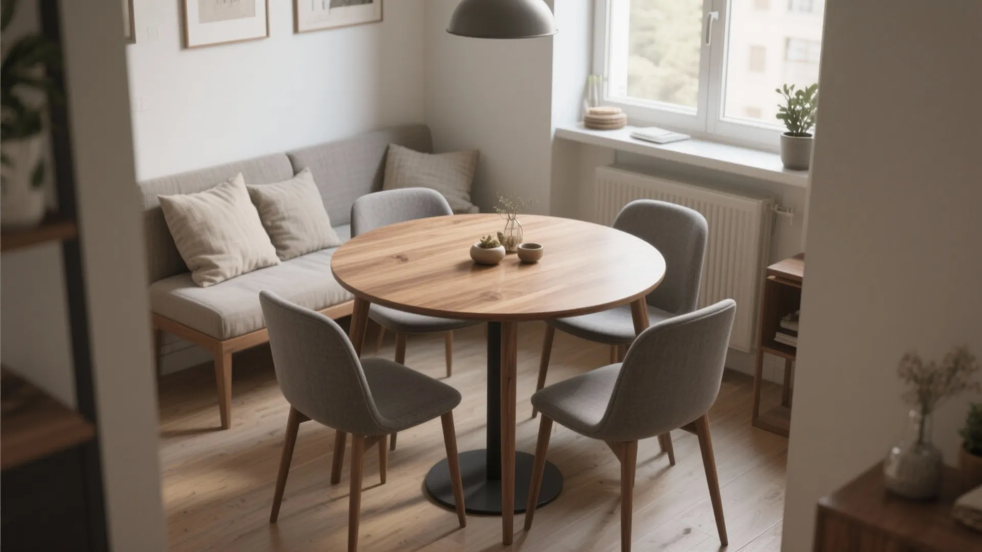Round wooden dining table with four grey chairs and grey sofa in a bright room