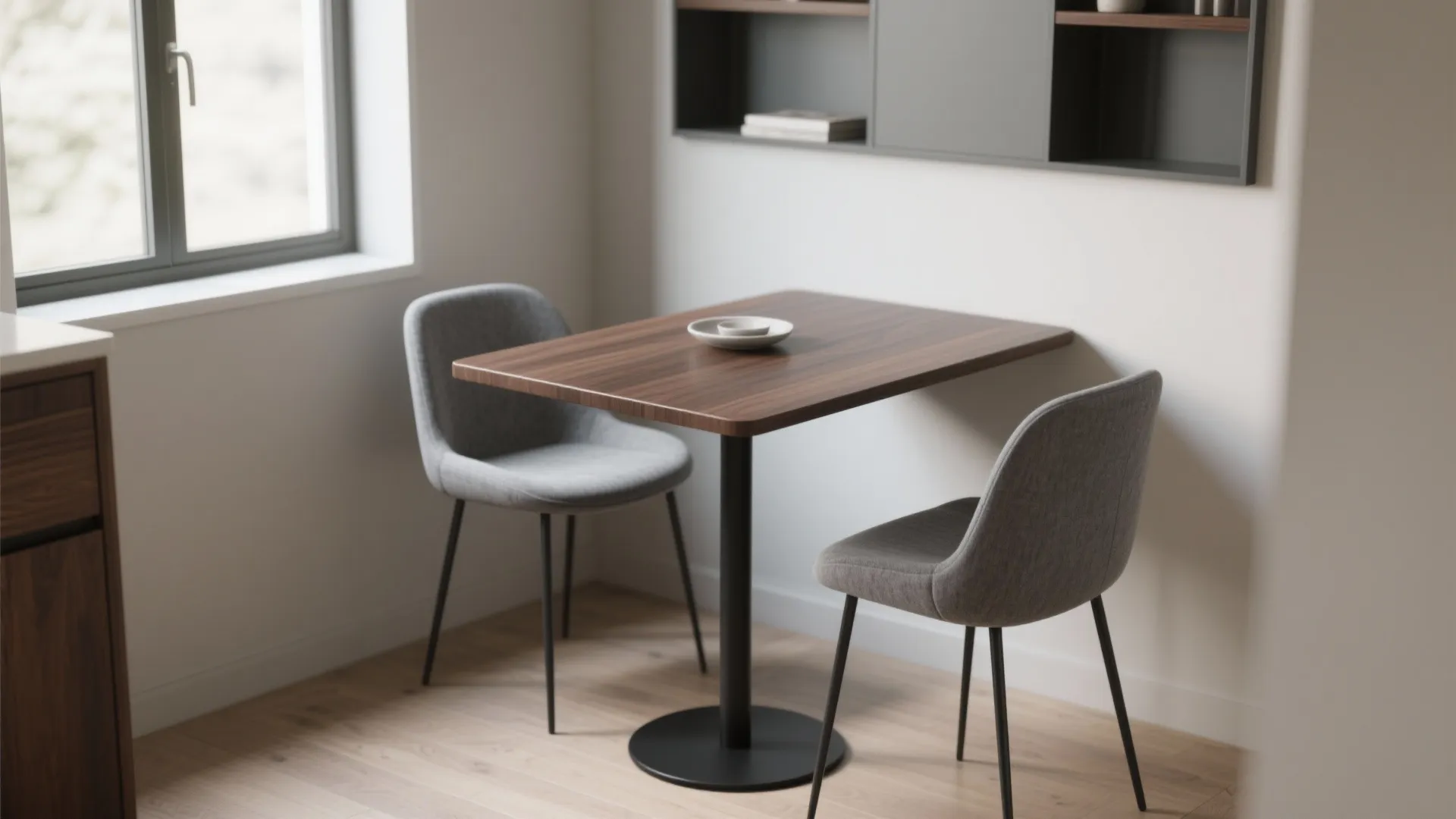 Small walnut table with two grey chairs placed near a window and grey wall shelves