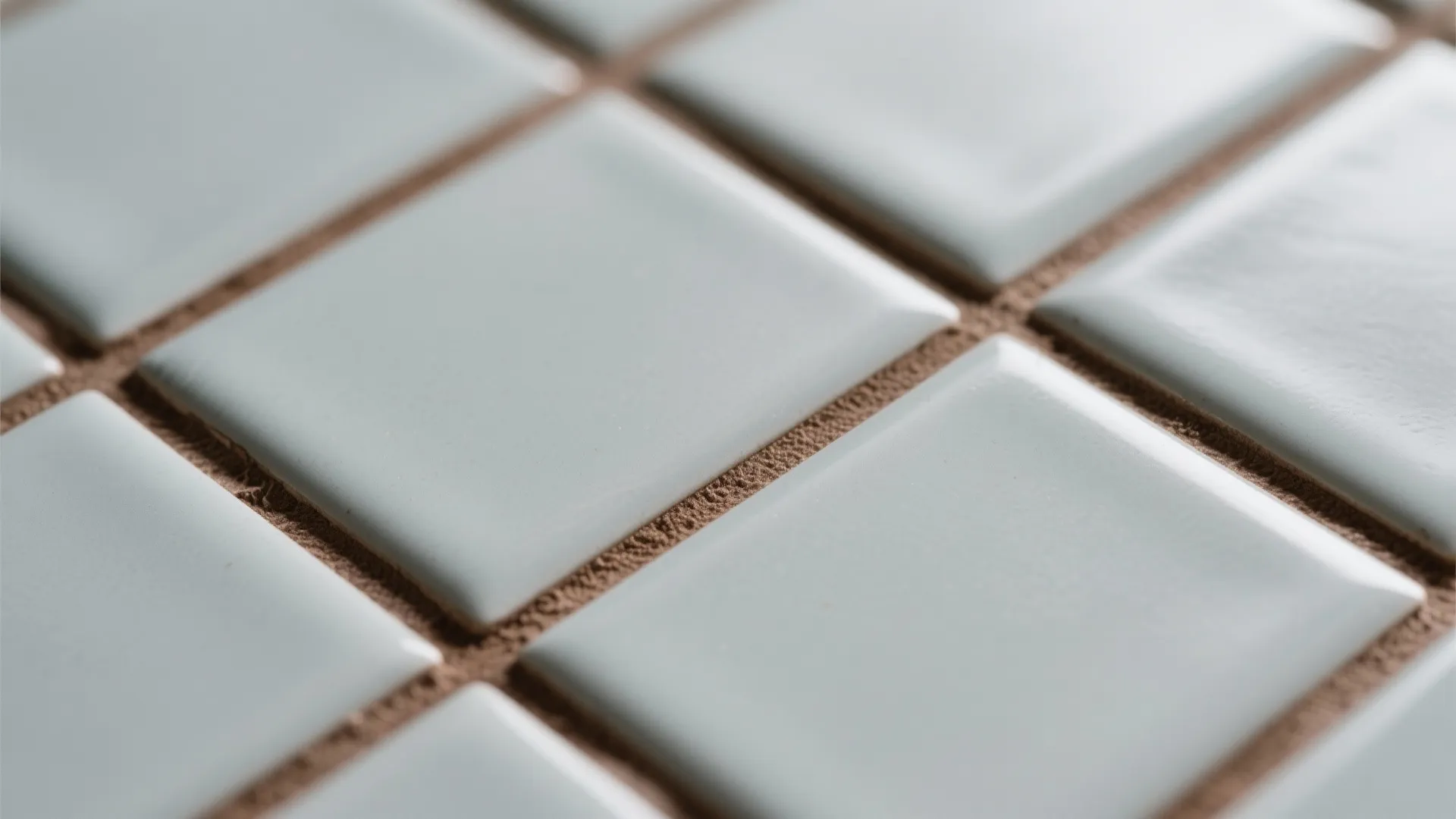 Close up view of white square bathroom tiles with brown grout lines in natural light