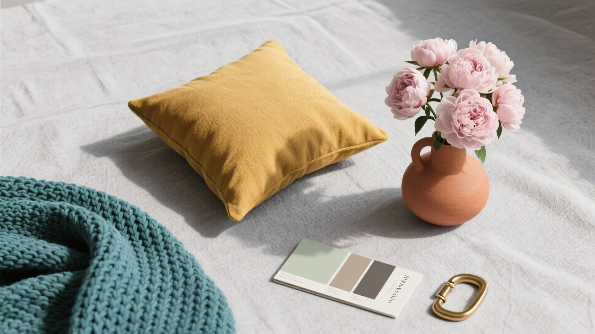 Yellow pillow pink flowers in clay pot blue knit blanket and color palette on bed