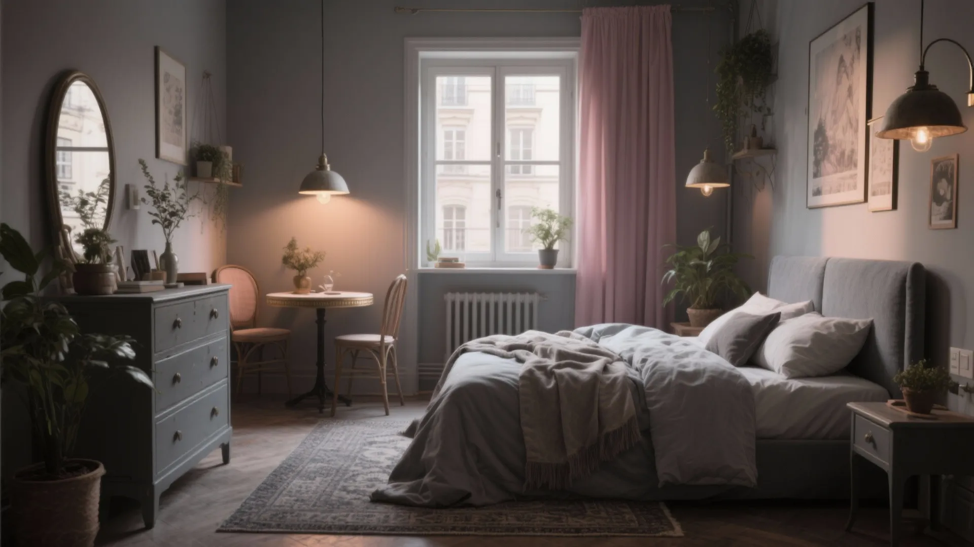 Cozy grey bedroom with pink curtain window view small dining table two chairs and light fixtures