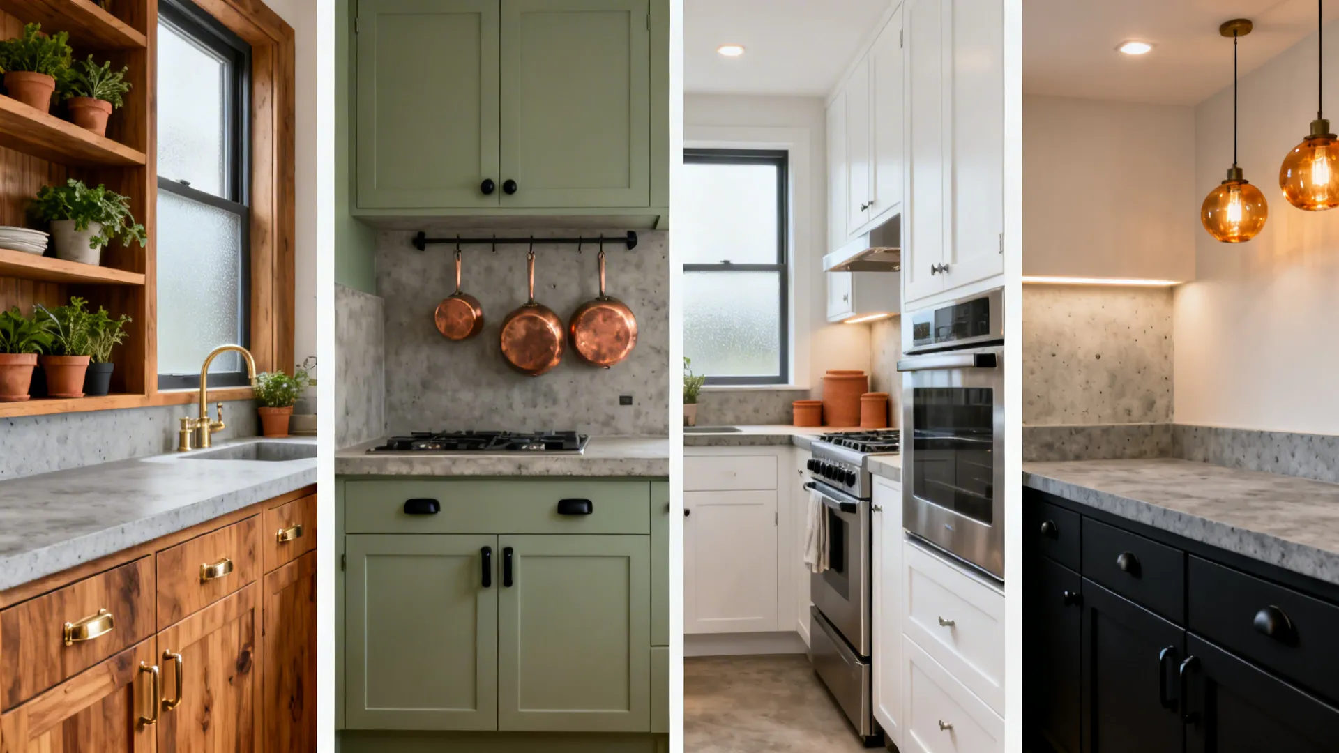 Four compact kitchen scenes pairing grey counters with wood, sage green, white, and matte black accents.