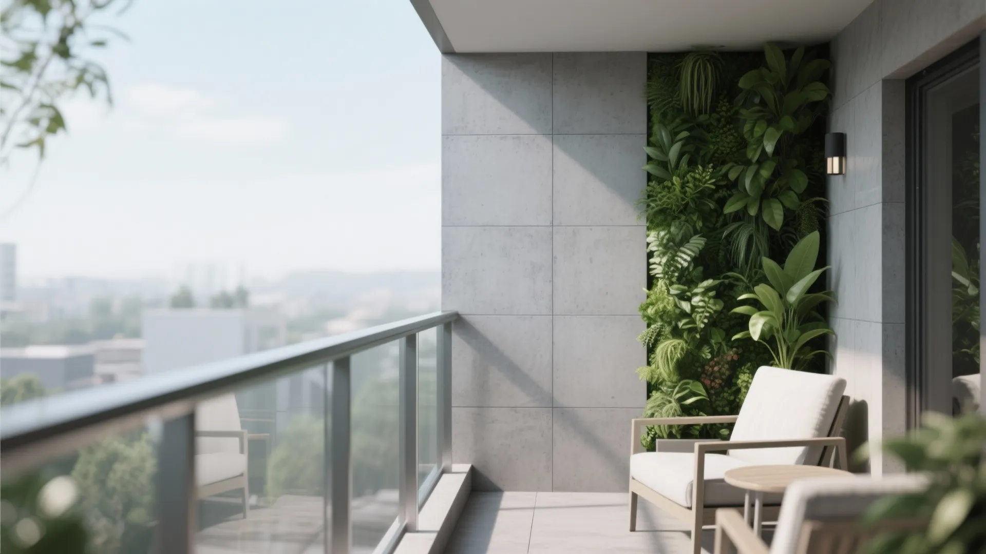 Modern balcony featuring grey wall panels vertical green plant wall white sofa and glass railing
