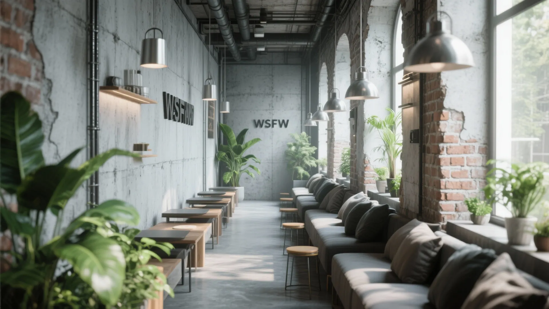 Industrial style cafe interior with concrete walls long grey sofa wooden tables and hanging light fixtures