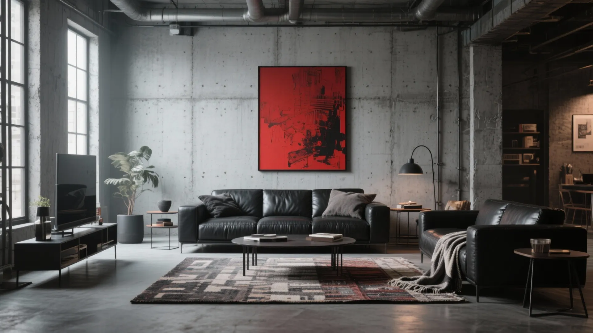 Industrial living room with grey concrete walls black leather sofas red wall art and large windows