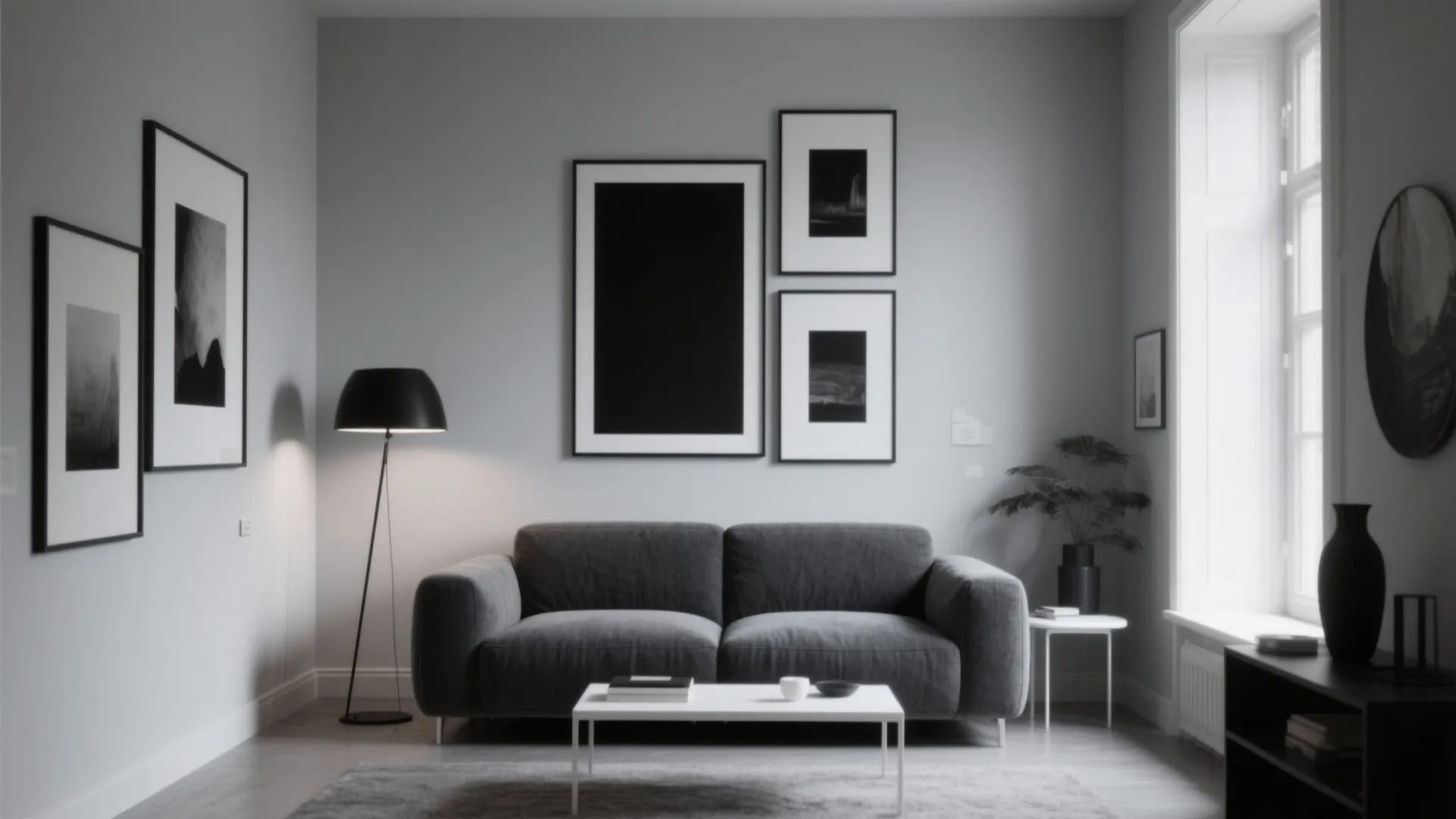 Modern grey living room with dark sofa white coffee table black floor lamp and art