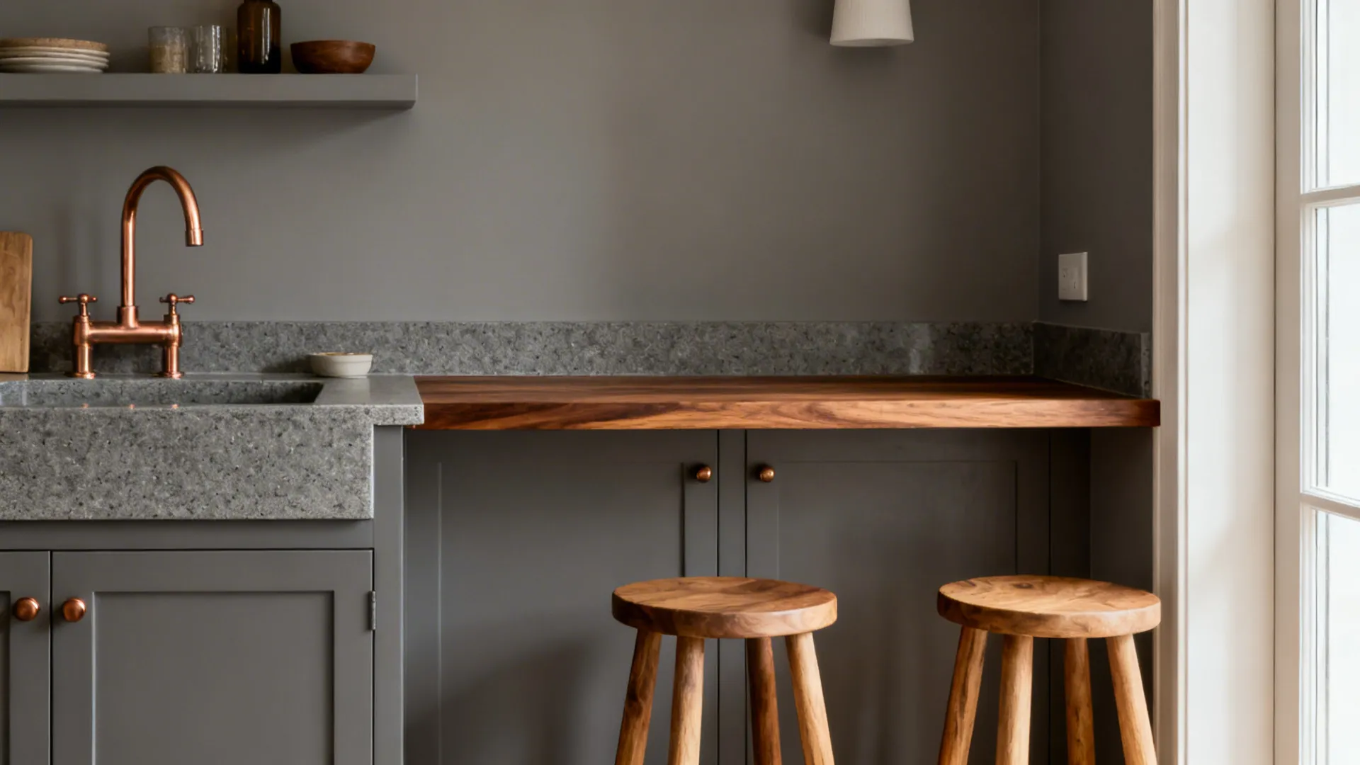 Grey Base, Copper Accents, and Wood to Bridge Warmth