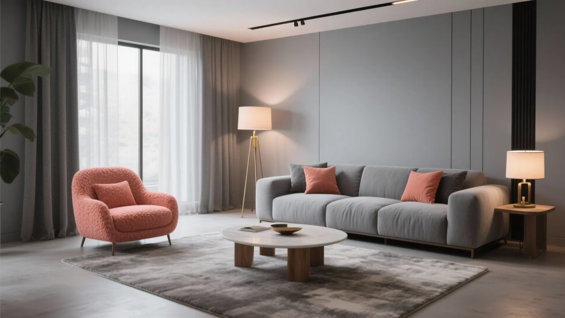 Modern living room with grey sofa, coral armchair, marble coffee table, floor lamp and rug