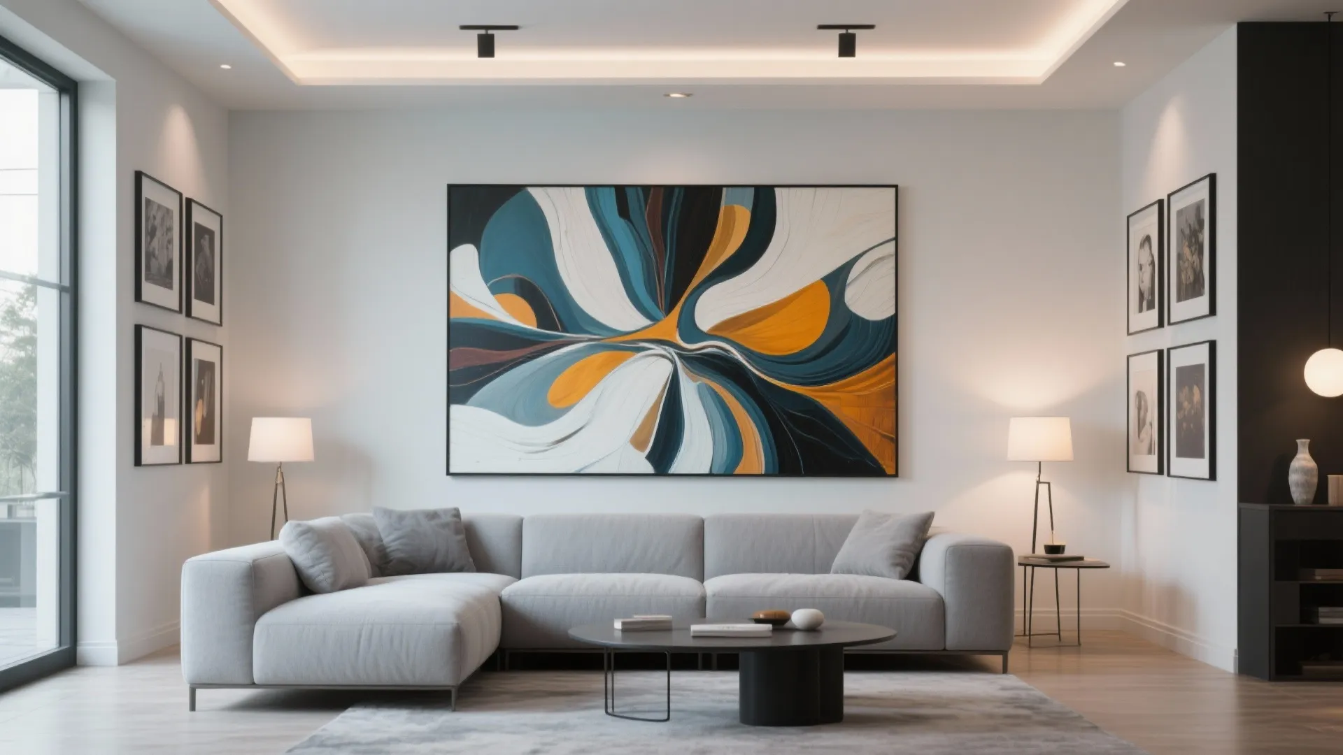Modern living room featuring a grey sofa large colorful wall painting and stylish coffee table