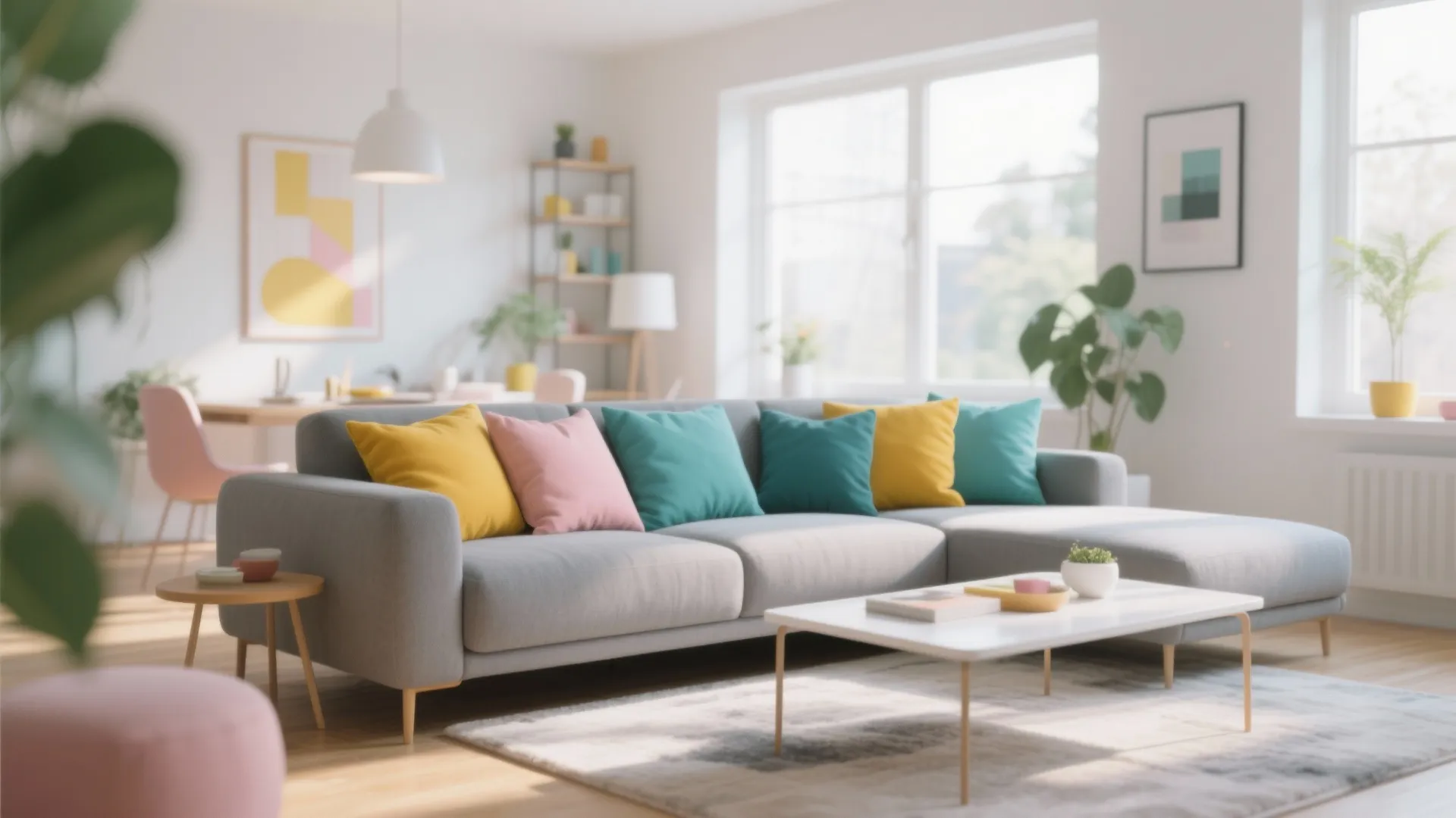 Bright living room with grey sofa colorful pillows white coffee table and large windows in background