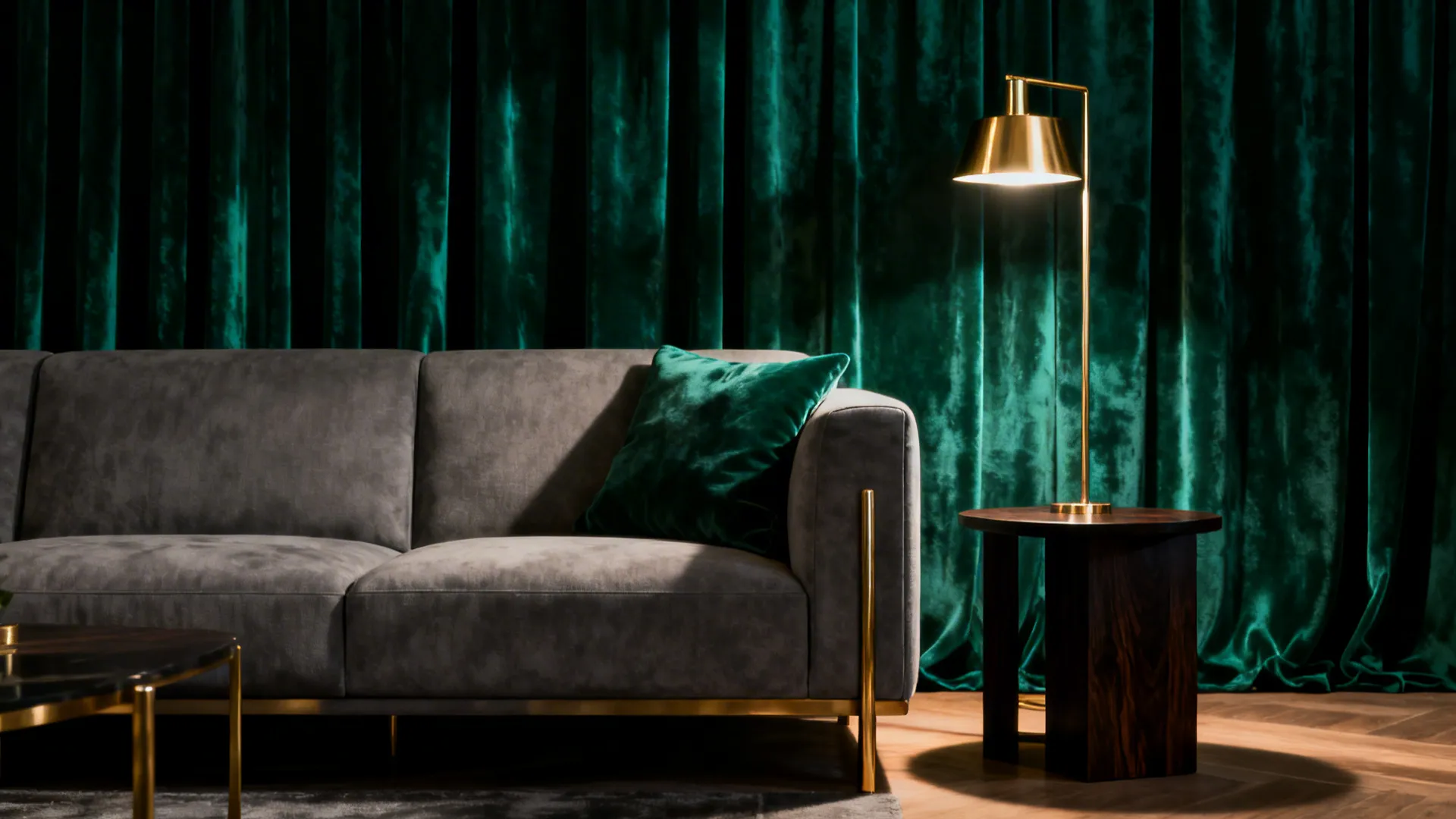 Grey couch paired with deep emerald velvet curtains and brass accents