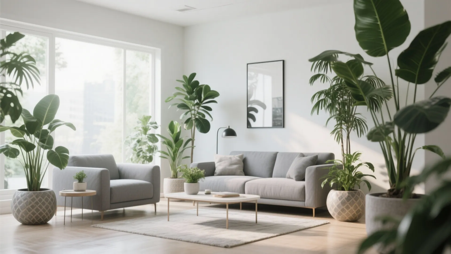 Bright living room featuring grey sofa armchair many green plants white walls and wooden floor