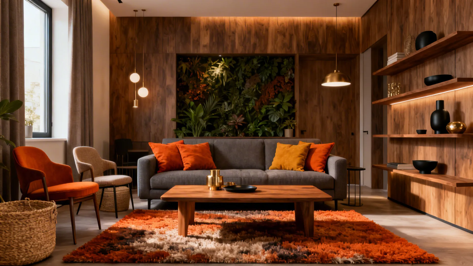 Modern living room with grey sofa orange pillows wood wall panels indoor plants and center table