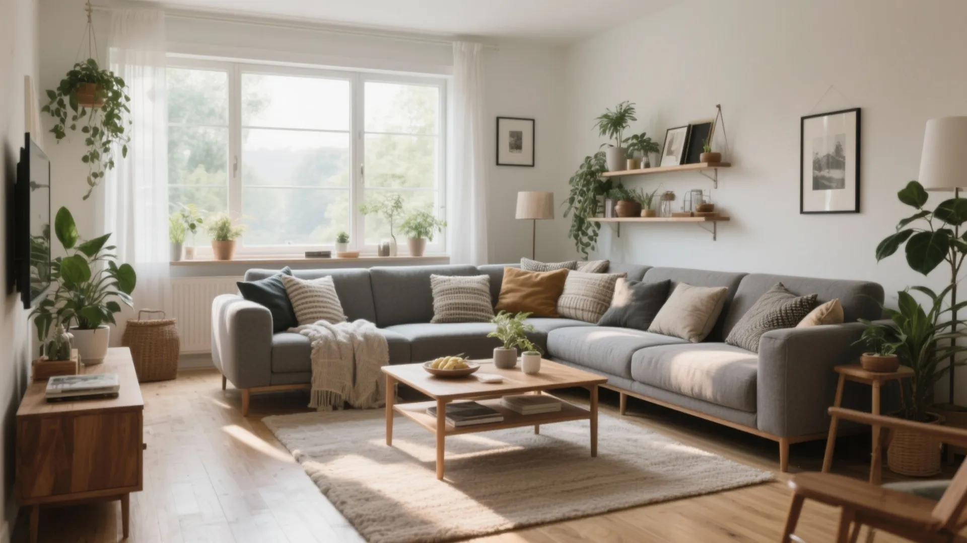 Cozy living room with grey corner sofa wooden coffee table green indoor plants and sunlight